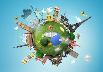Wall Mural - small planet with landmarks around the world