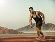 © romanolebedev - Man running / sprinting on road in mountains. Fit male fitness