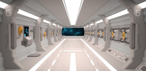 Futuristic design spaceship interior with metal floor and light panels