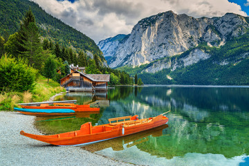 Wall Mural - Boathouse and wooden boats on the lake,Altaussee,Salzkammergut,Austria