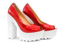 Modern Red Patent Leather Shoes On White Heels