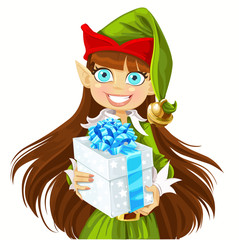 Poster - Cute girl Elf give christmas gift