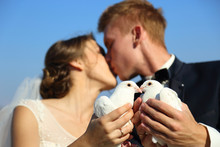 Wedding Couple With Pigeons 