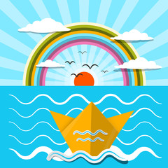 Wall Mural - Flat Design Vector Paper Boat and Ocean with Rainbow