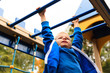 little boy playing on monkey bars in autumn