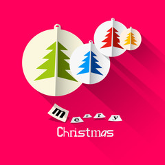 Sticker - Christmas Pink Card with Merry Christmas Title and Paper Balls and Trees