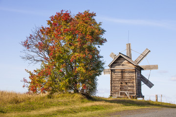 Windmill on Kizhi Island. Autumn Russian landscape