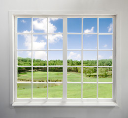 Modern residential window with lake view