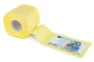 Wall Mural - Roll of light yellow toilet paper and euro banknote isolated on white