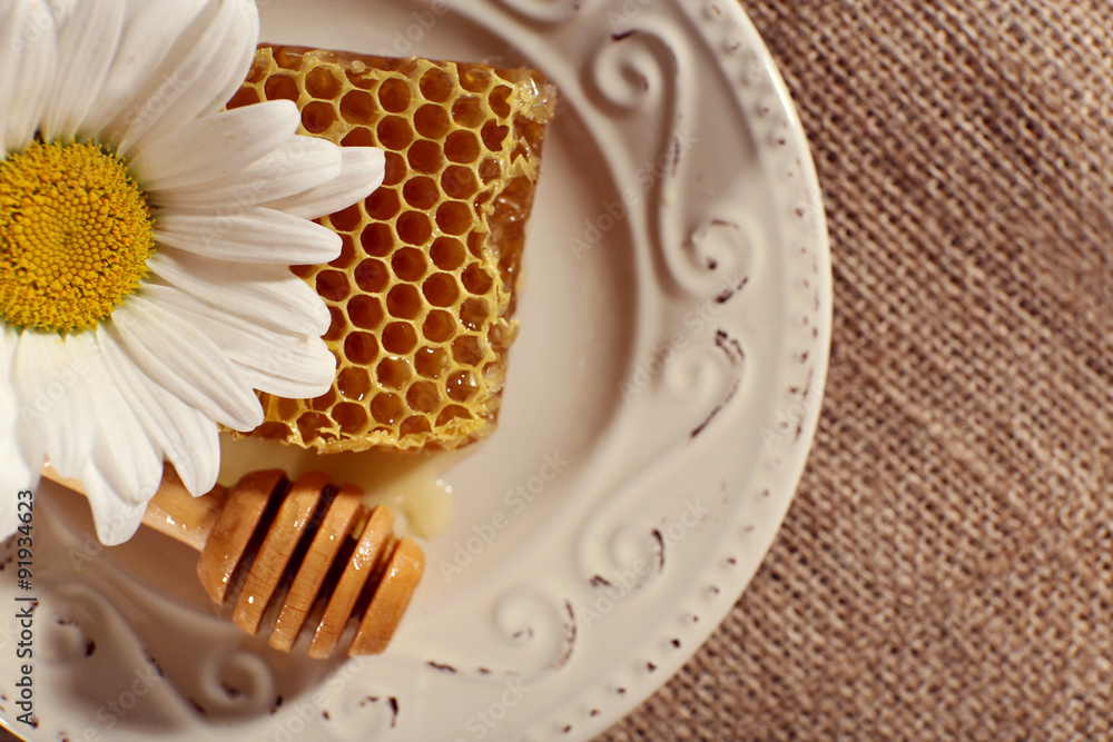 Honeycomb, dipper and chamomile on white plate on sacking background