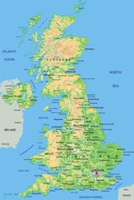 High Detailed United Kingdom Physical Map With Labeling.