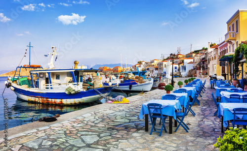 Naklejka na szybę traditional Greece series - Chalki island with old boats and tavernas