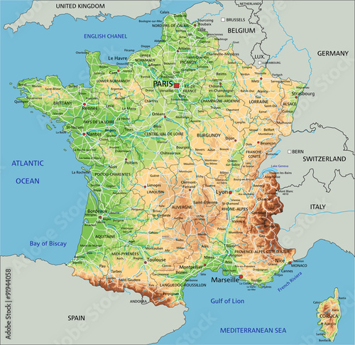 High detailed France physical map with labeling. Poster