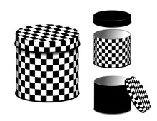 Canisters, Three Storage Cans And Lids In Abstract Black And White Checkerboard Design Pattern Isolated On White Background