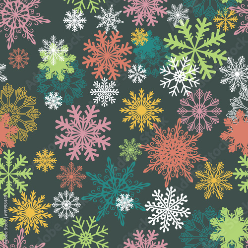 Materiał do szycia Nahtlose Winter Hintergrund mit Schneeflocken. Bunte Weihnachten Muster.