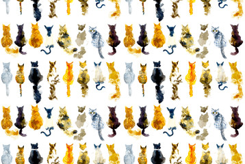 Cats seamless background. Watercolor hand drawn illustration