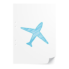 Blue handdrawn Airplane illustration on white paper sheet with c