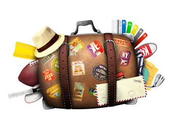 Wall Mural - full suitcase of a traveler with travel stickers
