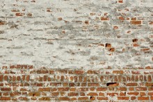 Red White Retro Brick Painted Wall With Damaged Plaster