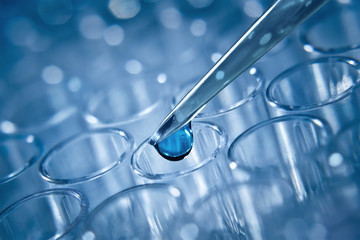 macro shot of dozator tip and plastic plate for immunosorbent as