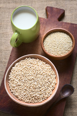 Wall Mural - Popped white quinoa (lat. Chenopodium quinoa) cereal in bowl photographed with natural light (Selective Focus, Focus in the middle of the quinoa cereal)