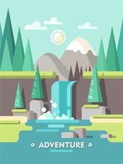 Summer landscape. Adventure. Concept for web banner and printed materials. Vector flat illustration.