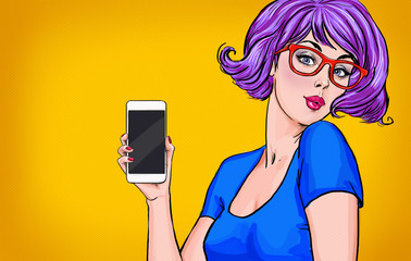 Wall Mural - Girl with smart-phone in the hand in comic style. Girl with phone. Girl showing the mobile phone.Girl in glasses. Hipster girl making selfie.Sexy violet hair girl with cellphone. Digital advertisement