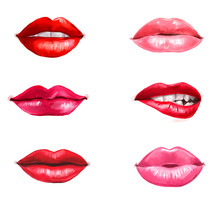 Lips Set Isolated On White Background. Design Element.Red Lips.Lips Background. Lipstick Advertisement. Smiley Lips.Temptation, Love, Happy, Lust,kiss Lips. Healthy And White Teeth.