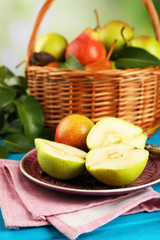 Wall Mural - Fresh pears on wooden table, closeup