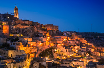 Matera panoramic view of town at night, Basilicata,Italy.