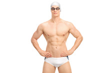 Handsome Young Swimmer In White Swim Trunks