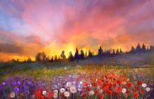 Oil Painting Poppy, Dandelion, Daisy Flowers In Fields. Sunset Meadow Landscape With Wildflower, Hill, Sky In Orange And Blue Violet Color Background. Hand Paint Summer Floral Impressionist Style