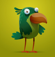 Vector Funny Green Bird. Image Of A Funny Cute Green Bird On A Yellow-green Background.