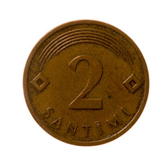  Coin two centimes Latvia isolated on white background. top view