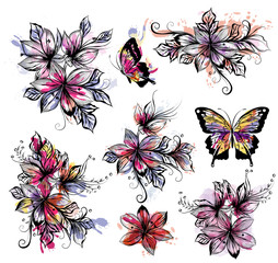 Fototapete - Floral collection of vector flowers with watercolor colorful spo