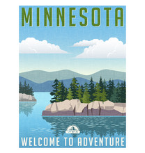 Retro Style Travel Poster Or Sticker. United States, Minnesota Scenic Lake