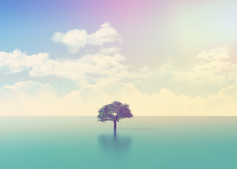 Wall Mural - 3d ocean scene with tree with retro effect