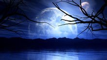 3D Haunting Background With Moon, Planet And Tree Silhouette