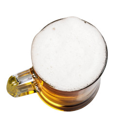 mug of beer with foam on a white