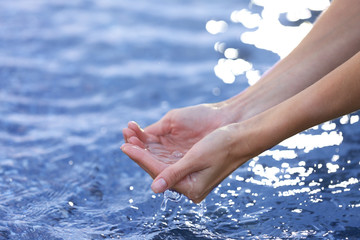 Wall Mural - Female hands touching sea water