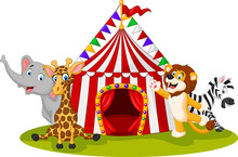 Cartoon Animal Circus With Circus Tent
