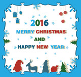 Fototapeta Dinusie - Christmas background with a reindeer, Christmas tree and Santa C