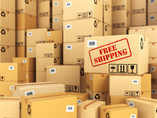 Free shipping or delivery. Cardboard boxes background.