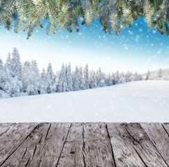 Winter landscape with wooden planks