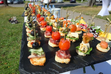 meat, fish, vegetable canapés on a festive wedding table outdoor