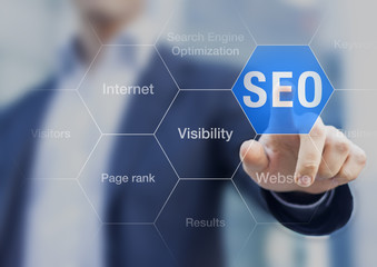 Search Engine Optimization consultant touching SEO button on whi