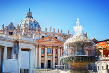 Fountain On St. Peter's Square In Vatican City.