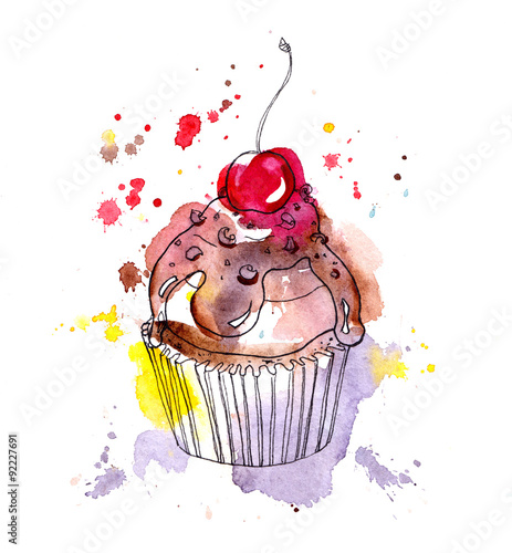 Naklejka dekoracyjna Cupcake cake with chocolate and cherry. Watercolor