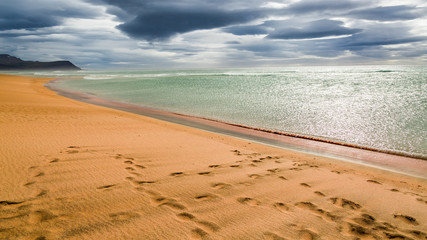 Wall Mural - Footprints on the beach by the Arctic sea in Iceland
