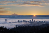 Fototapeta Tulipany - Sunrise over Foggy Portland Cityscape with Mt Hood